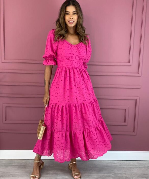 Vestido Midi sem Bojo Laise Detalhe Franzido Pink Fernanda Ramos Store