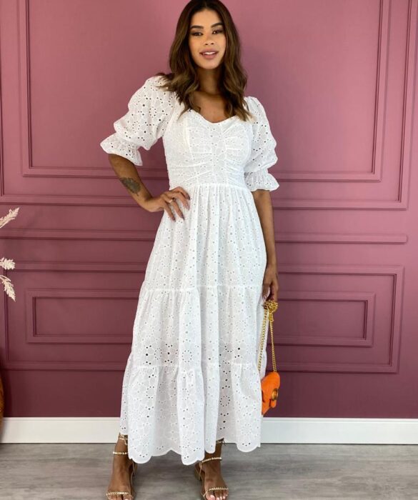 Vestido Midi sem Bojo Laise Detalhe Franzido Branco Fernanda Ramos Store