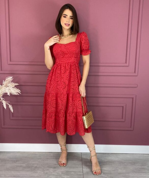 Vestido Midi sem Bojo Laise Manga Curta Vermelho Fernanda Ramos Store