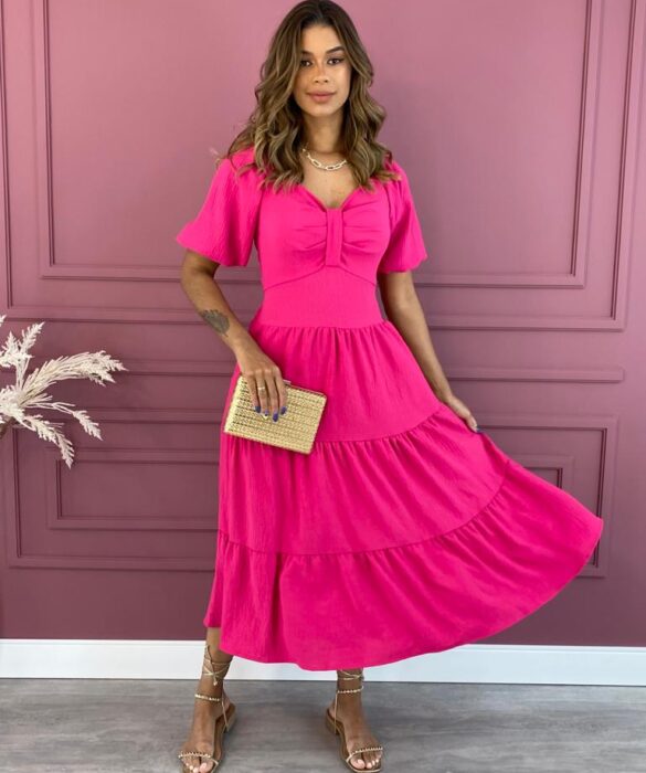 Vestido Midi sem Bojo Lastex Atrás Detalhe no Decote Pink Fernanda Ramos Store