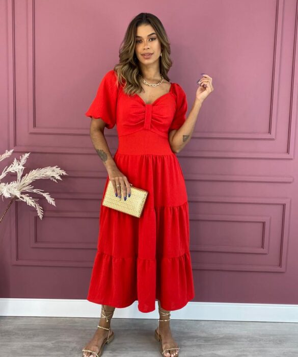 Vestido Midi sem Bojo Lastex Atrás Detalhe no Decote Vermelho Fernanda Ramos Store