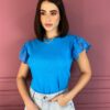 Blusa Canelada Feminina Manga em Laise Azul Fernanda Ramos Store