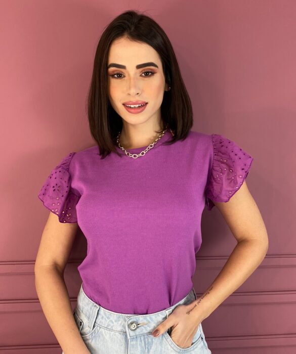 Blusa Canelada Feminina Manga em Laise Roxa Fernanda Ramos Store