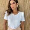 Blusa Crepe Feminina Manga Curta Off White - Fernanda Ramos Store