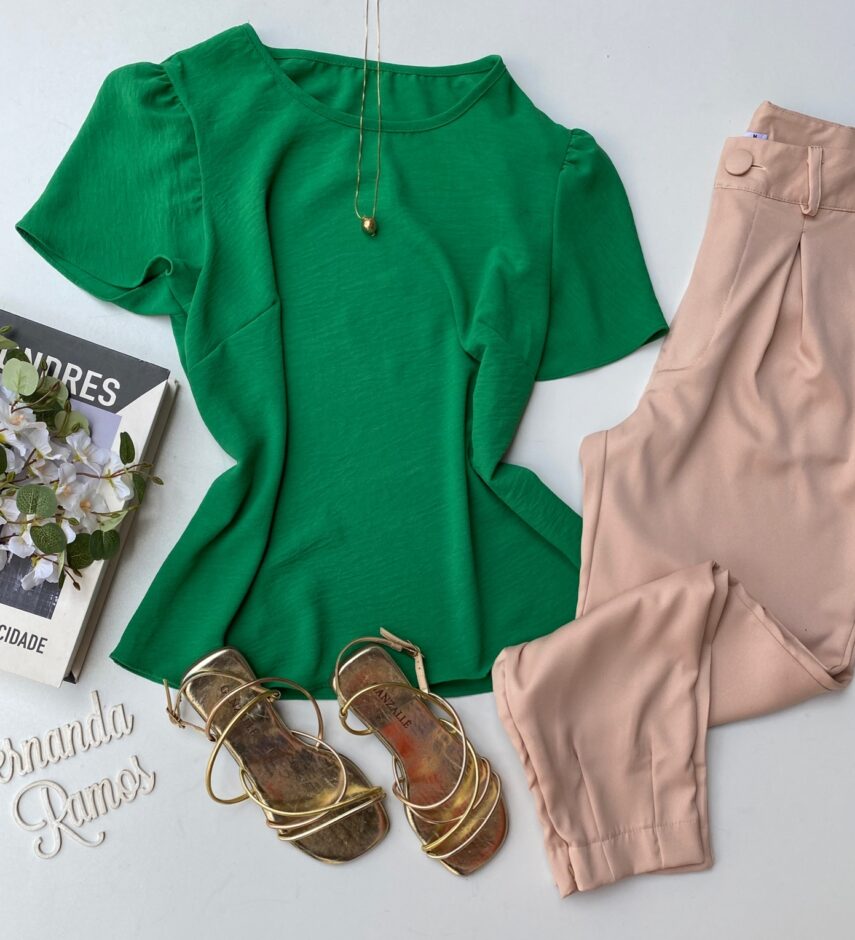 Blusa Crepe Feminina Manga Curta Verde - Fernanda Ramos Store