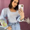 Blusa Feminina Azul com Bordado na Manga Verde Lima Fernanda ramos store