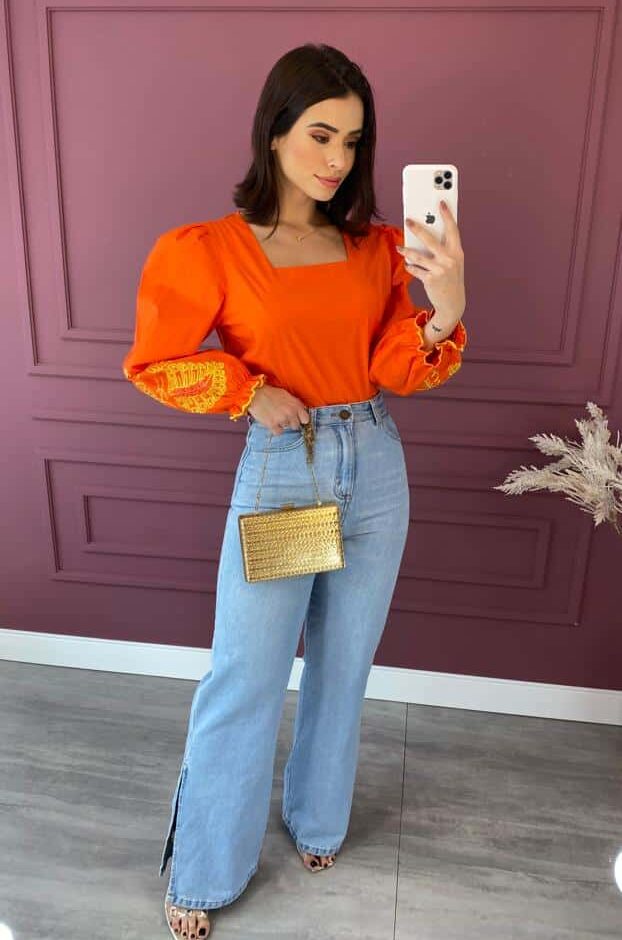 fernandaramosstore com br blusa feminina laranja com bordado na manga verde lima 3