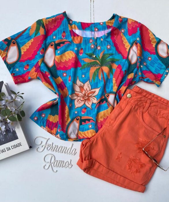 blusa feminina manga curta estampa tropical Fernanda ramos store