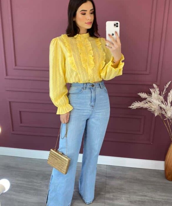 Blusa Feminina  Manga Longa com Babado Amarelo - Fernanda Ramos Store