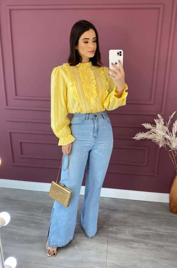 Blusa Feminina  Manga Longa com Babado Amarelo - Fernanda Ramos Store