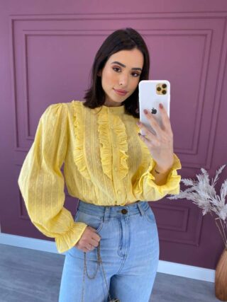 Blusa Feminina  Manga Longa com Babado Amarelo - Fernanda Ramos Store