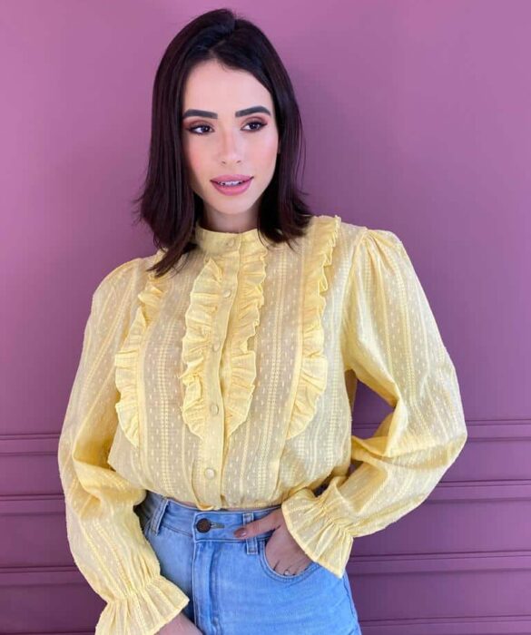 Blusa Feminina  Manga Longa com Babado Amarelo - Fernanda Ramos Store