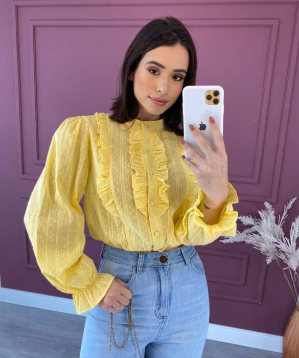 Blusa Feminina  Manga Longa com Babado Amarelo - Fernanda Ramos Store