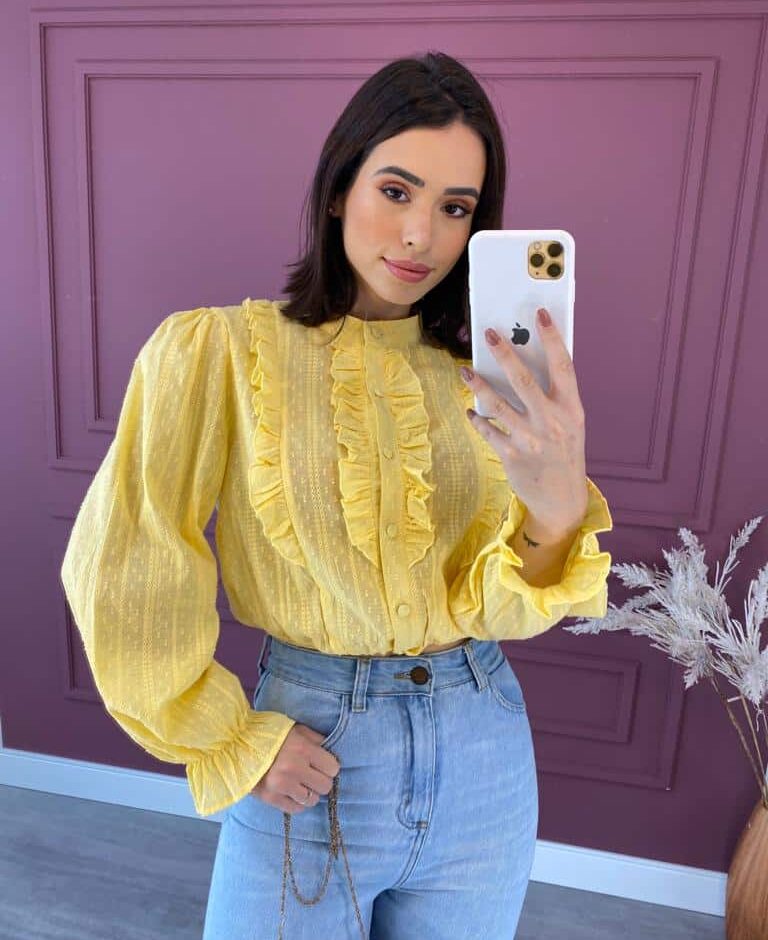 Blusa Feminina  Manga Longa com Babado Amarelo - Fernanda Ramos Store