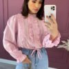 blusa feminina manga longa com babado rosa bebe Fernanda ramos store