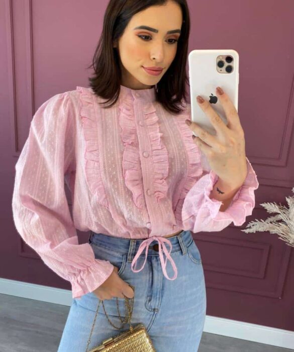 blusa feminina manga longa com babado rosa bebe Fernanda ramos store