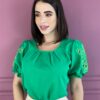 Blusa Manga Curta Feminina Bordado e Detalhe nas Mangas Verde - Fernanda Ramos Store