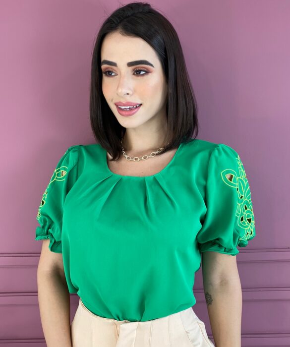 Blusa Manga Curta Feminina Bordado e Detalhe nas Mangas Verde - Fernanda Ramos Store