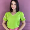 Blusa Manga Curta Feminina Bordado nas Mangas Verde Lima Fernanda Ramos Store