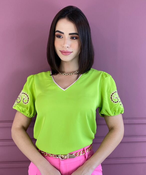 Blusa Manga Curta Feminina Bordado nas Mangas Verde Lima Fernanda Ramos Store