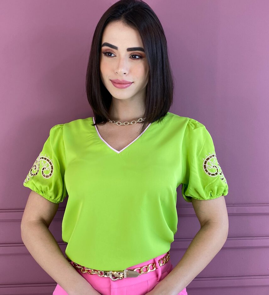 Blusa Manga Curta Feminina Bordado nas Mangas Verde Lima - Fernanda Ramos Store