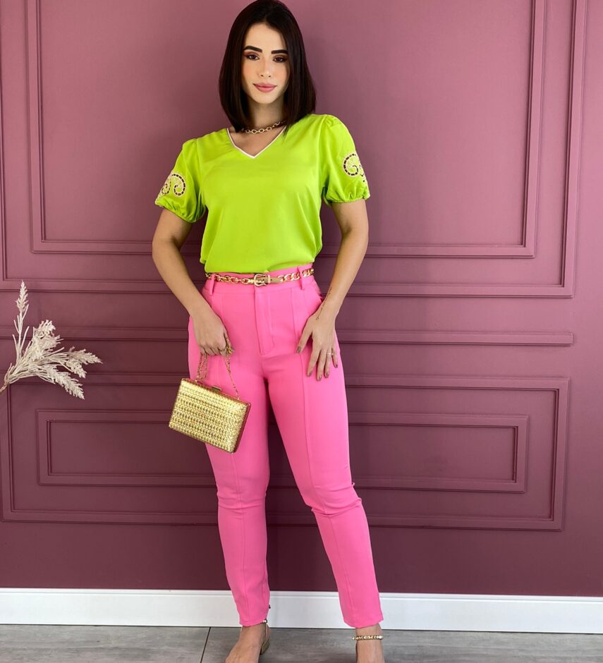 Blusa Manga Curta Feminina Bordado nas Mangas Verde Lima - Fernanda Ramos Store