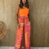 Fernanda Ramos Store Calça Feminina Pantalona com Amarração Estampada Laranja