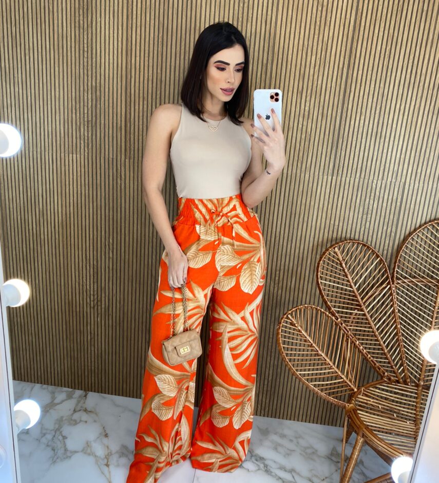 Calça Feminina Pantalona Estampada Fundo Laranja fernanda ramos store