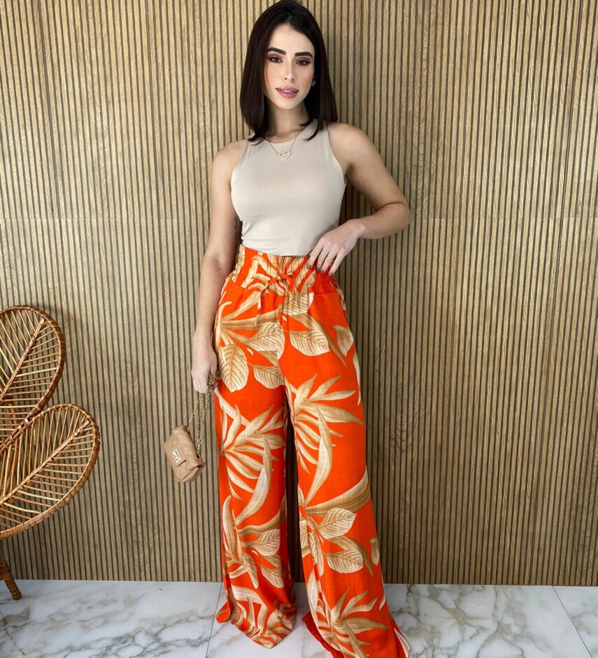 fernandaramosstore com br calca feminina pantalona estampada fundo laranja 1