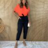 calca feminina sarja com bolsos amarracao e elastano preta fernanda ramos store