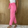 Calça Feminina Sarja com Bolsos Amarração e Elastano Rosa - Fernanda Ramos Store