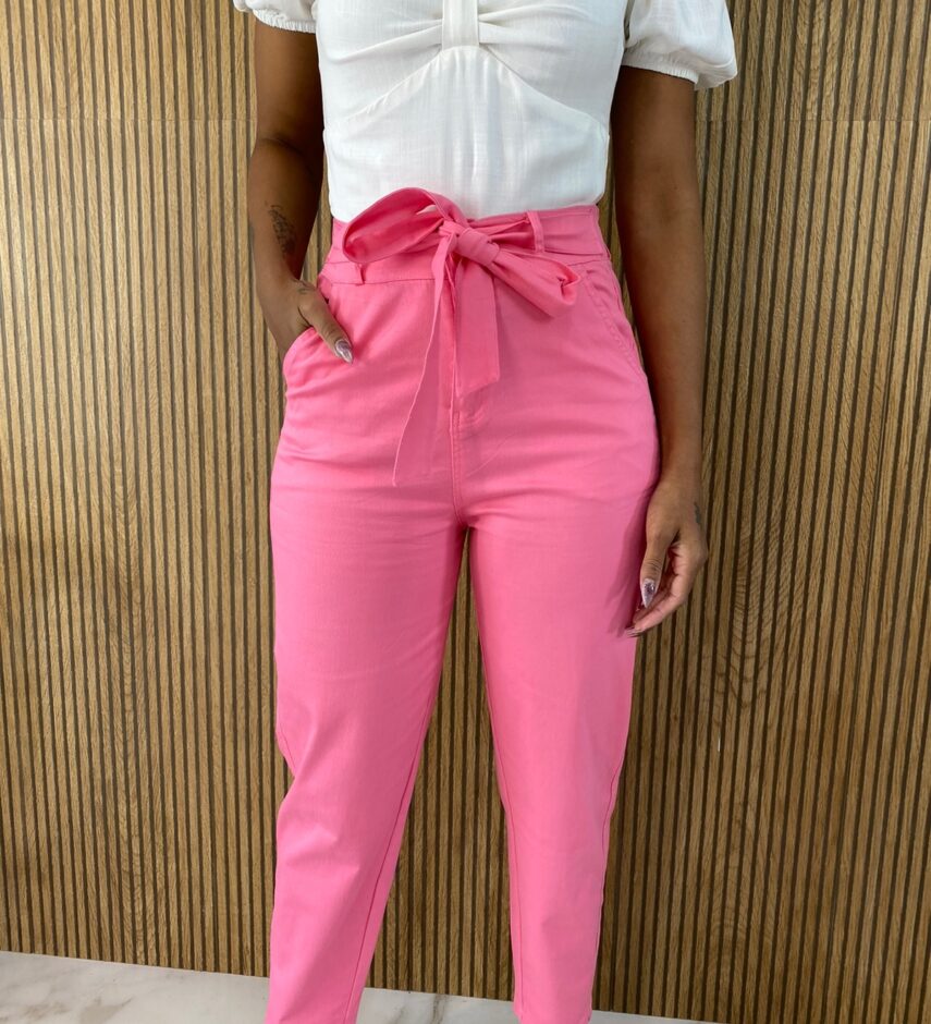 Calça Feminina Sarja com Bolsos Amarração e Elastano Rosa - Fernanda Ramos Store