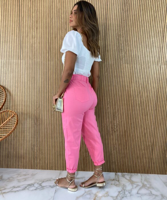 Calça Feminina Sarja com Bolsos Amarração e Elastano Rosa - Fernanda Ramos Store