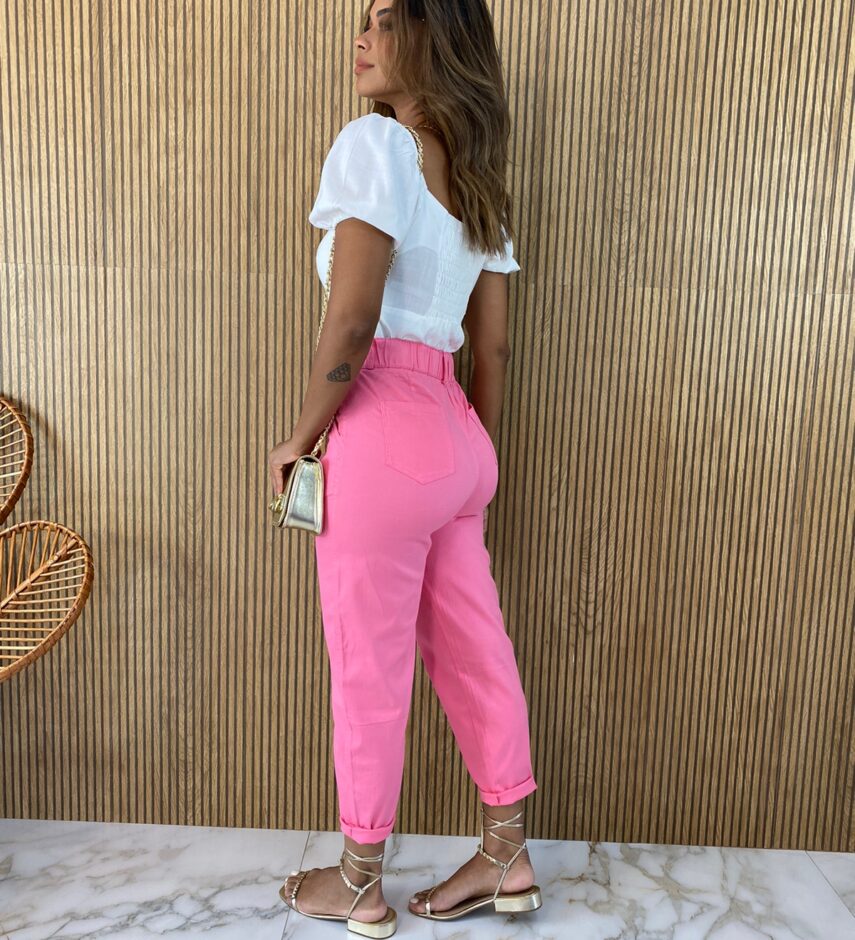 Calça Feminina Sarja com Bolsos Amarração e Elastano Rosa - Fernanda Ramos Store