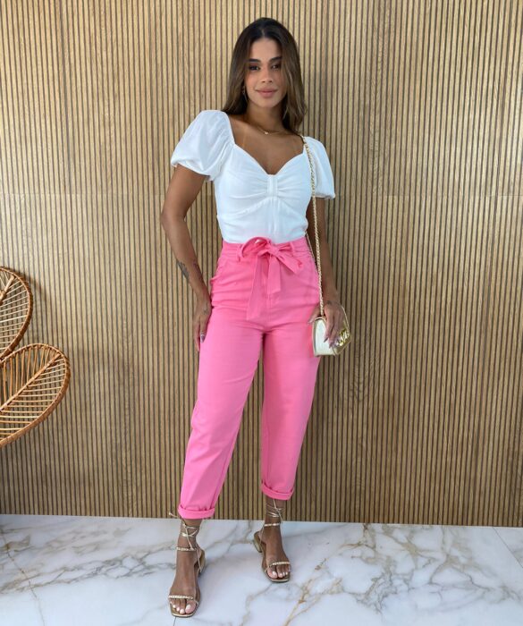 Calça Feminina Sarja com Bolsos Amarração e Elastano Rosa - Fernanda Ramos Store