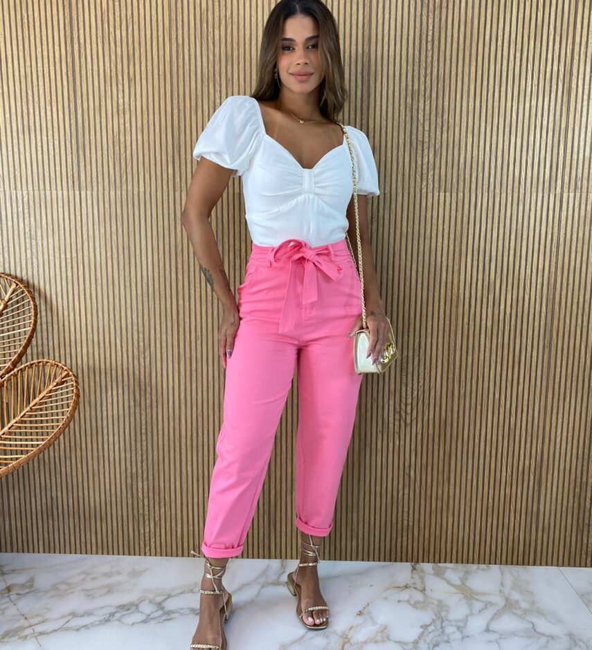 Calça Feminina Sarja com Bolsos Amarração e Elastano Rosa - Fernanda Ramos Store