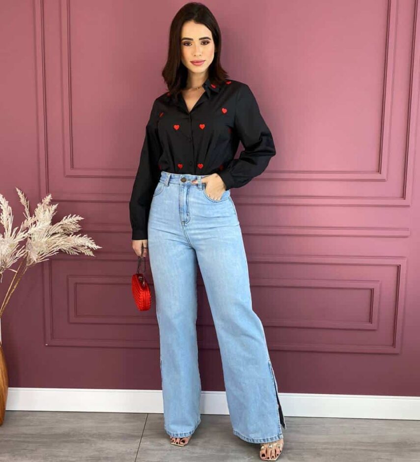 Camisa Feminina Coração Vermelho Social Preta - Fernanda Ramos Store