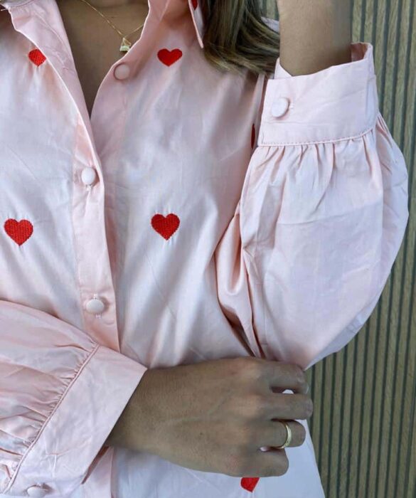 Camisa Feminina Coração Vermelho Social Rosé - Fernanda Ramos Store