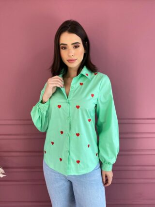 Camisa Feminina Coração Vermelho Social Verde Menta - Fernanda Ramos Store