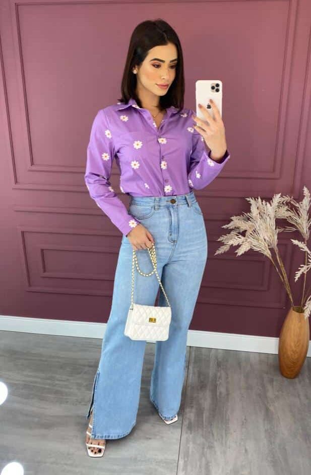 Camisa Feminina Social Lilás com Bordado de Flor - Fernanda Ramos Store