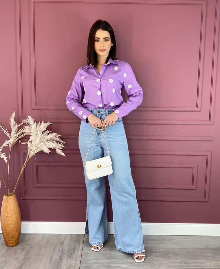 Camisa Feminina Social Lilás com Bordado de Flor - Fernanda Ramos Store