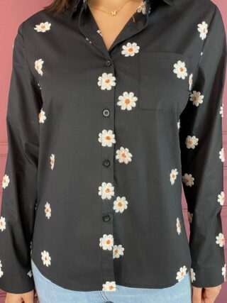 Camisa Feminina Social Preta com Bordado de Flor - Fernanda Ramos Store