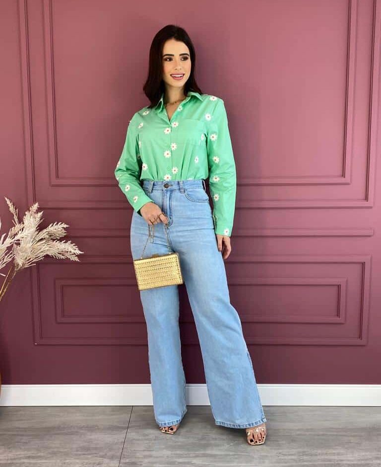 Camisa Feminina Flor Bordada Social Verde Menta - Fernanda Ramos Store