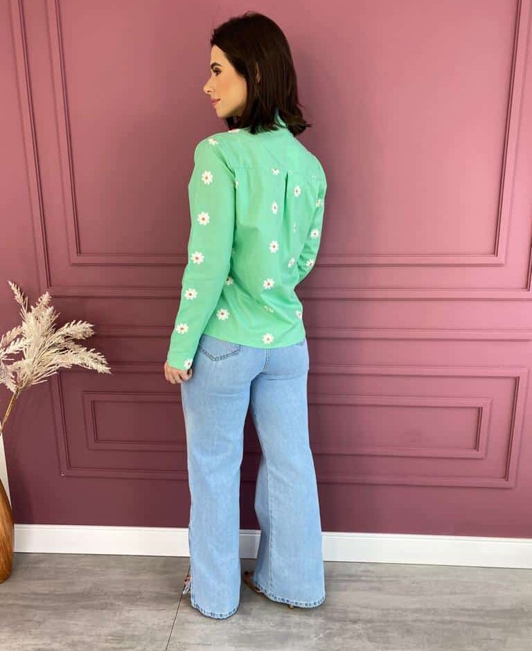 Camisa Feminina Flor Bordada Social Verde Menta - Fernanda Ramos Store