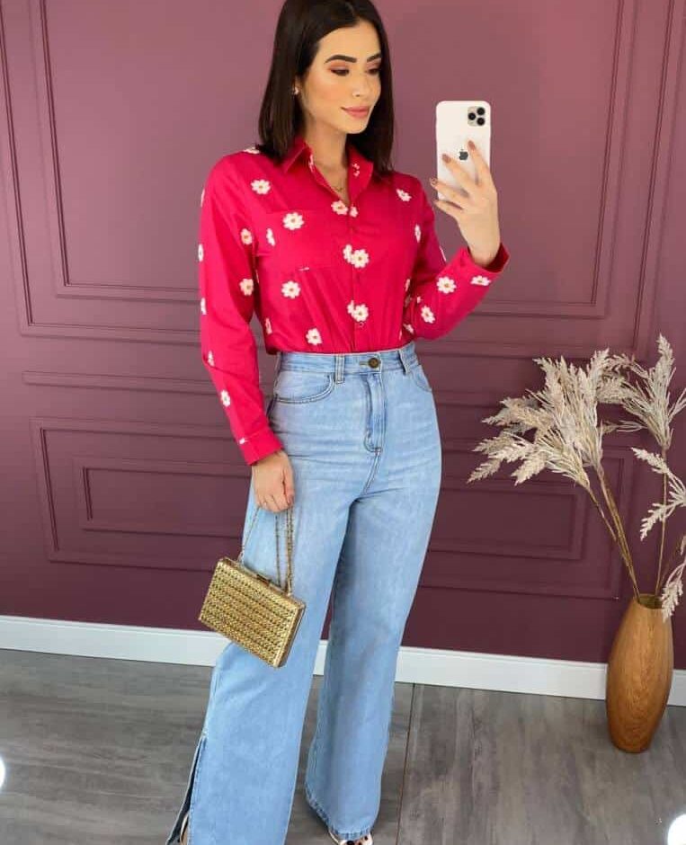 Camisa Feminina Social Pink com Bordado de Flor - Fernanda Ramos Store