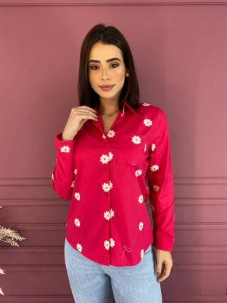 Camisa Feminina Social Pink com Bordado de Flor - Fernanda Ramos Store