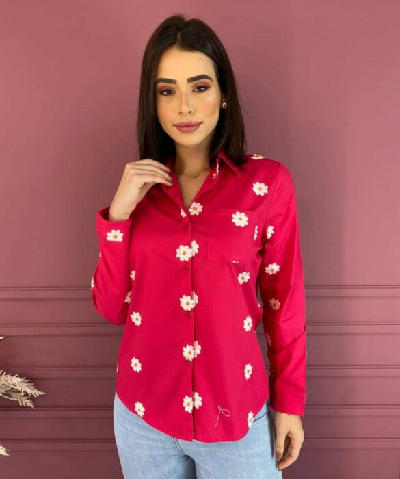 Camisa Feminina Social Pink com Bordado de Flor - Fernanda Ramos Store