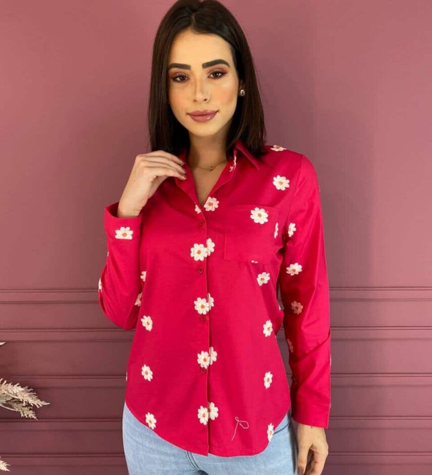 Camisa Feminina Social Pink com Bordado de Flor - Fernanda Ramos Store