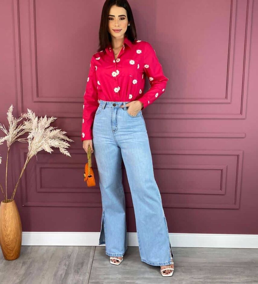 Camisa Feminina Social Pink com Bordado de Flor - Fernanda Ramos Store