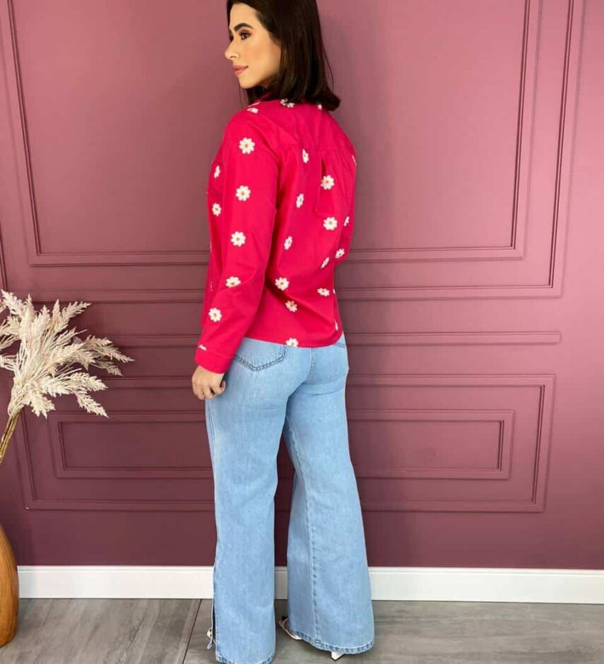 Camisa Feminina Social Pink com Bordado de Flor - Fernanda Ramos Store